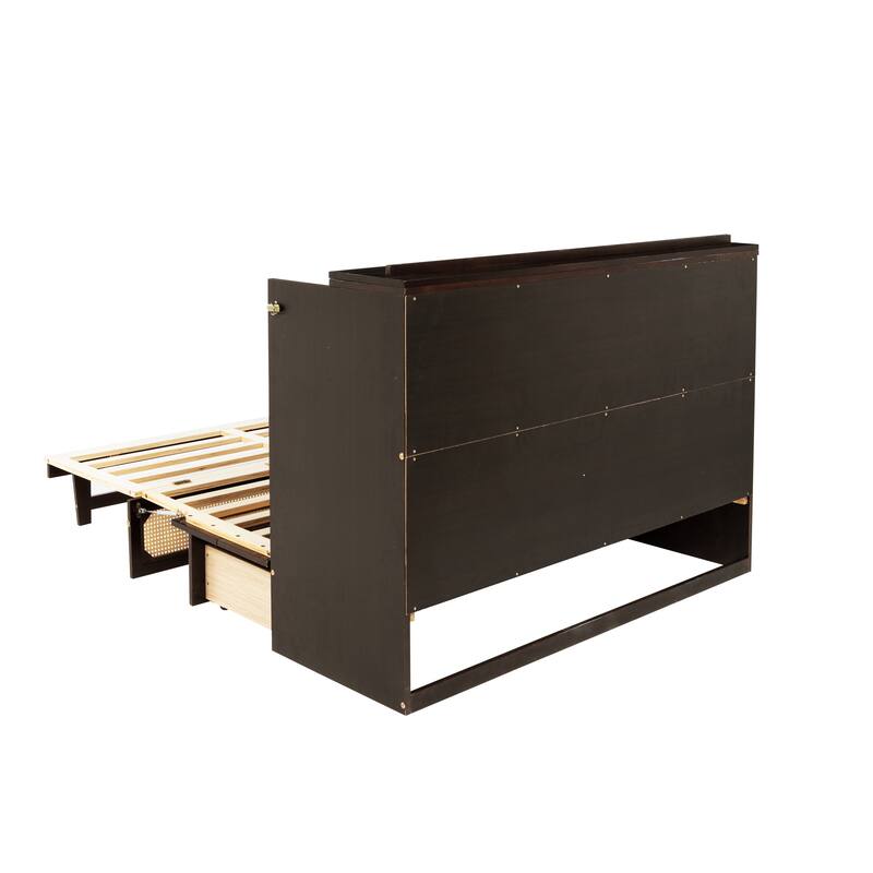 Queen Size Folding Cabinet Bed with Rattan Accent, Solid Pine Frame, Large Storage Drawer, Space-Saving Murphy Design
