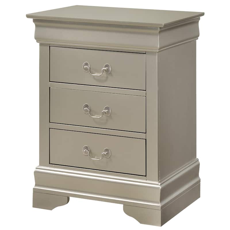 Silver Champagne Nightstand 29x21x16 with Three Drawers, Compact Bedside Table for Storage and Elegant Bedroom Accent