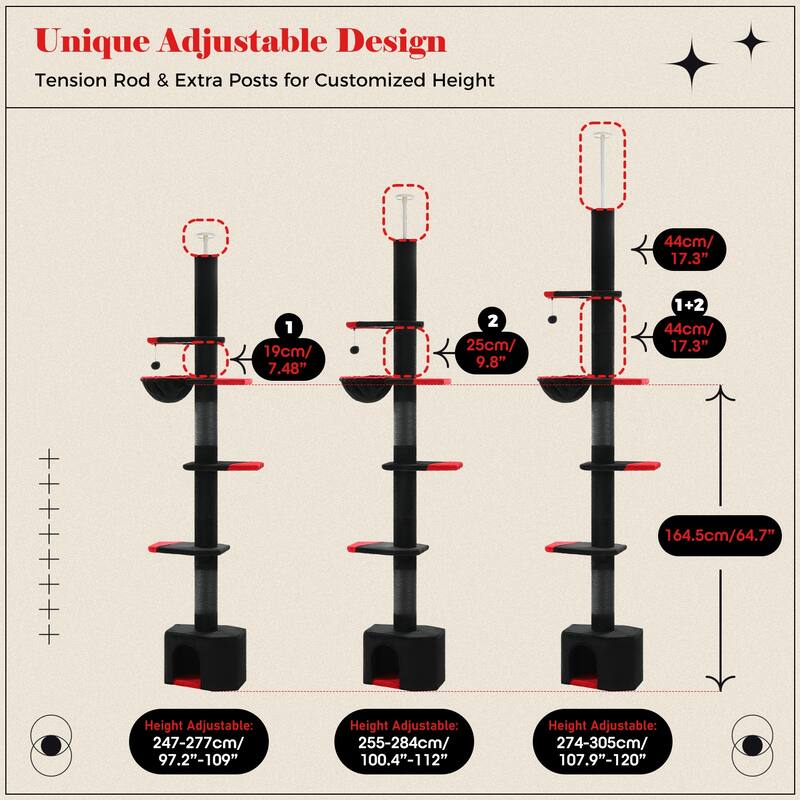 Height Adjustable Floor to Ceiling 5-Levels Cat Tree Cat Tower
