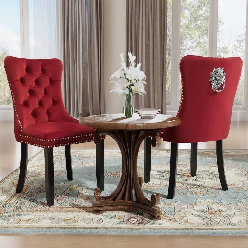 Tufted Naliheads Solid Wood Upholstered Dining Chairs (Set of 2) - Burgundy BlackLegs