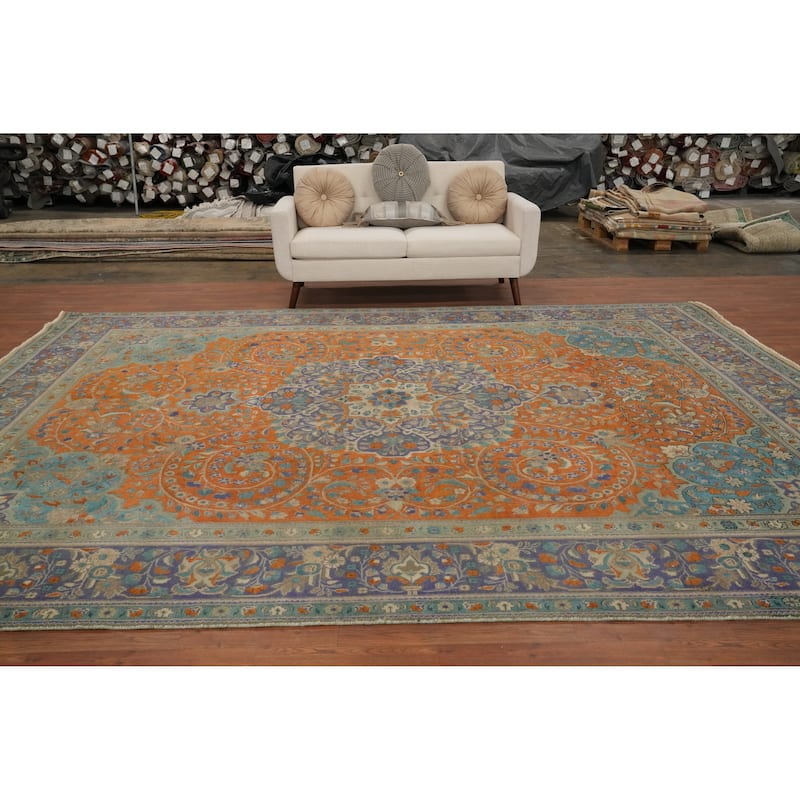 Hand Knotted Oriental 100% Wool Carpet Traditional Floral Oranges & Rust Tabriz Area Rug - 13' 0'' X 9' 10''