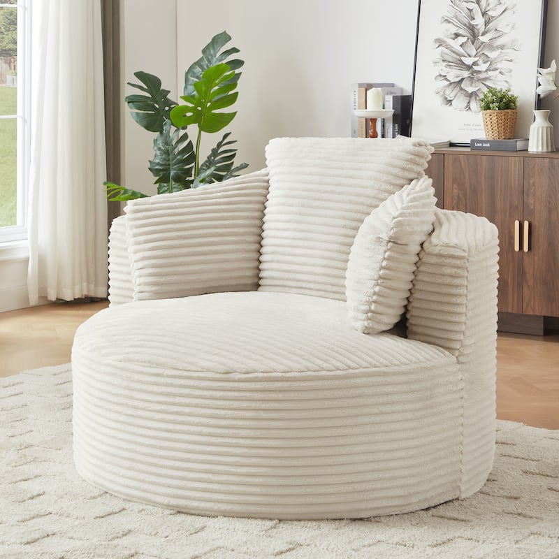 Compressible Corduroy Round Chair with Cushioned Backrest - Modern Comfort Seating for Living Room,Office - White