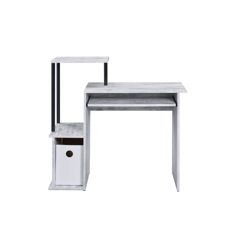 Modern 37-Inch Reversible Computer Desk with Metal Frame Keyboard Tray & Shelving - Antiqued White