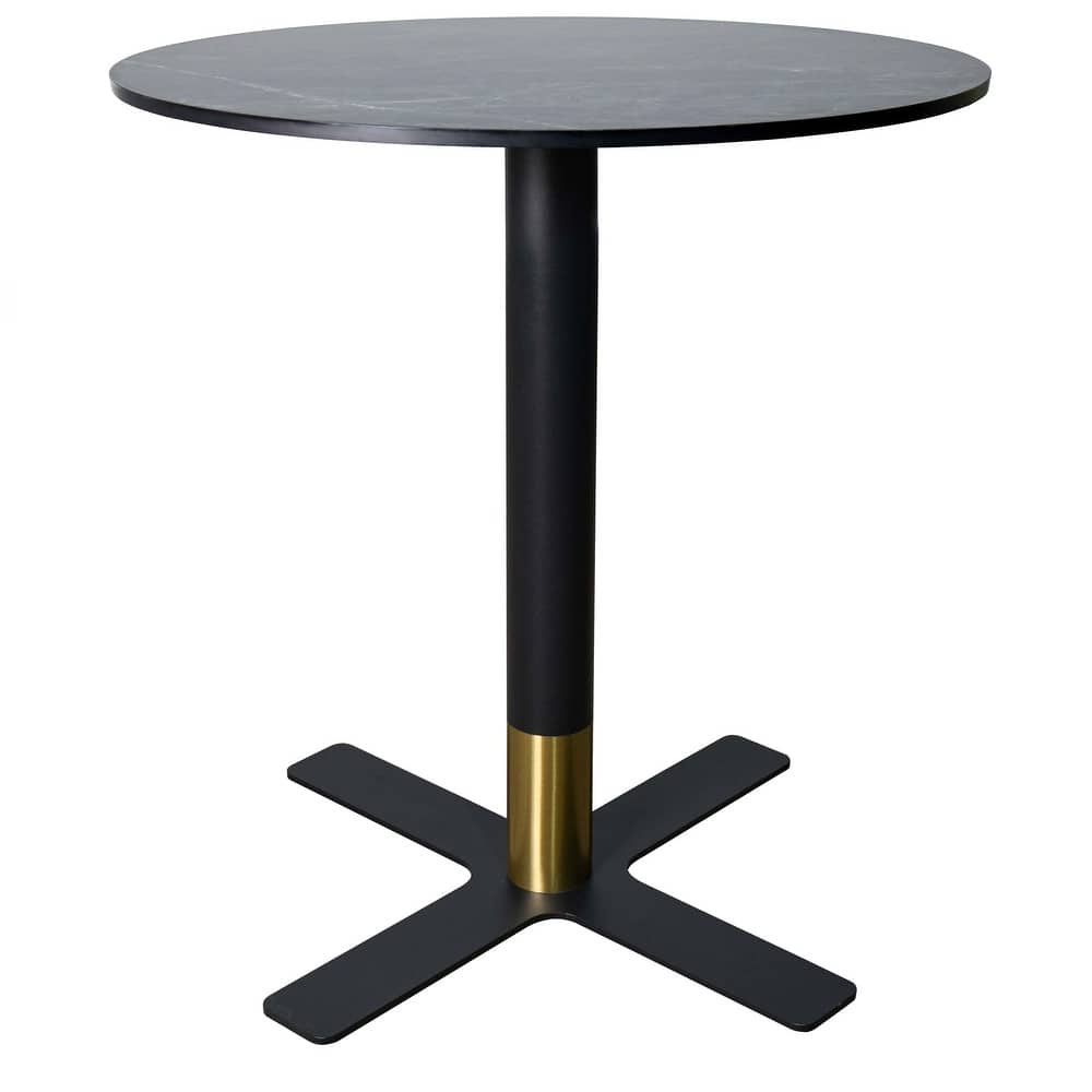 Vail 27" Round Solid Wood Top Dining Table with Black Stainless Steel Cross Legs and Gold Accent Base for Cafés and Home