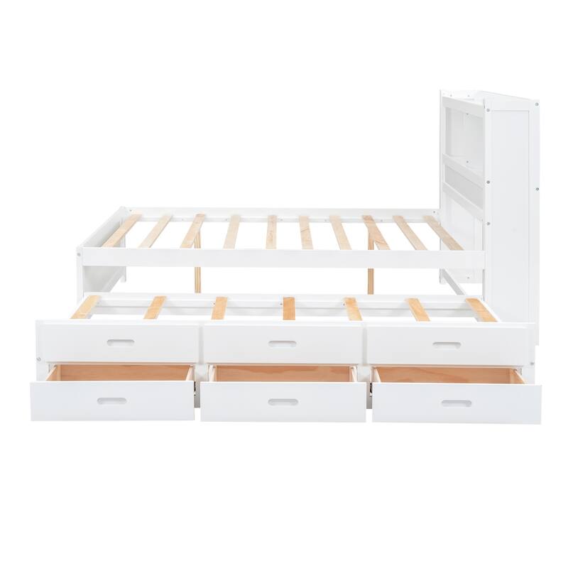 Full Size Platform Bed with Trundle, Drawers, USB Plugs, and Storage Shelves, White
