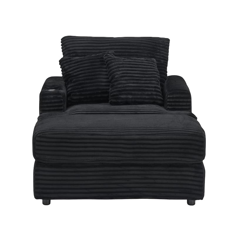Black Corduroy Armchair Sofa with Ottoman and Cup Holder