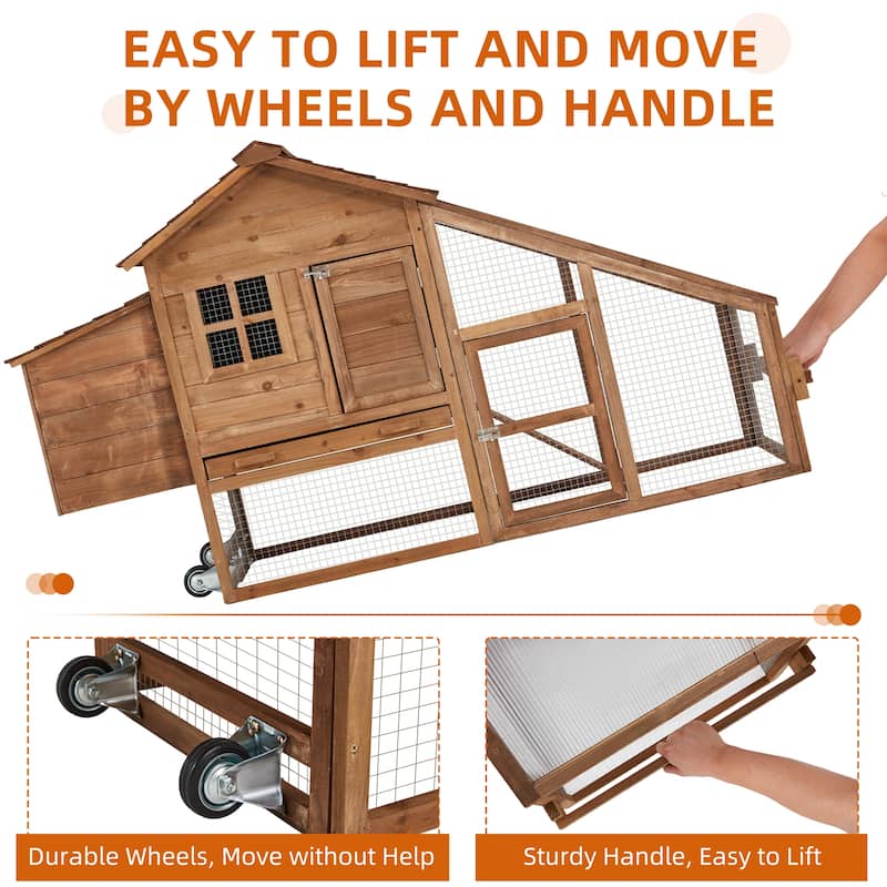EROMMY Wooden Chicken Coop – 71” Mobile Poultry Tractor with Nesting Box, Wheels, Waterproof Roof & Pull-Out Tray - 71"x29"