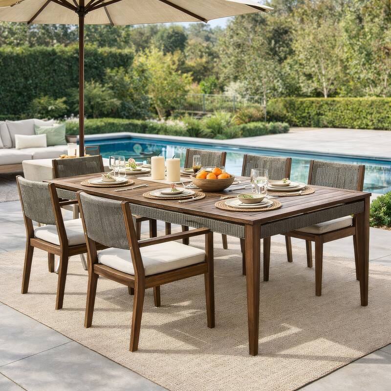 Kimi 65 Inch Outdoor Dining Table, Brown Eucalyptus Wood, Woven Rope Apron