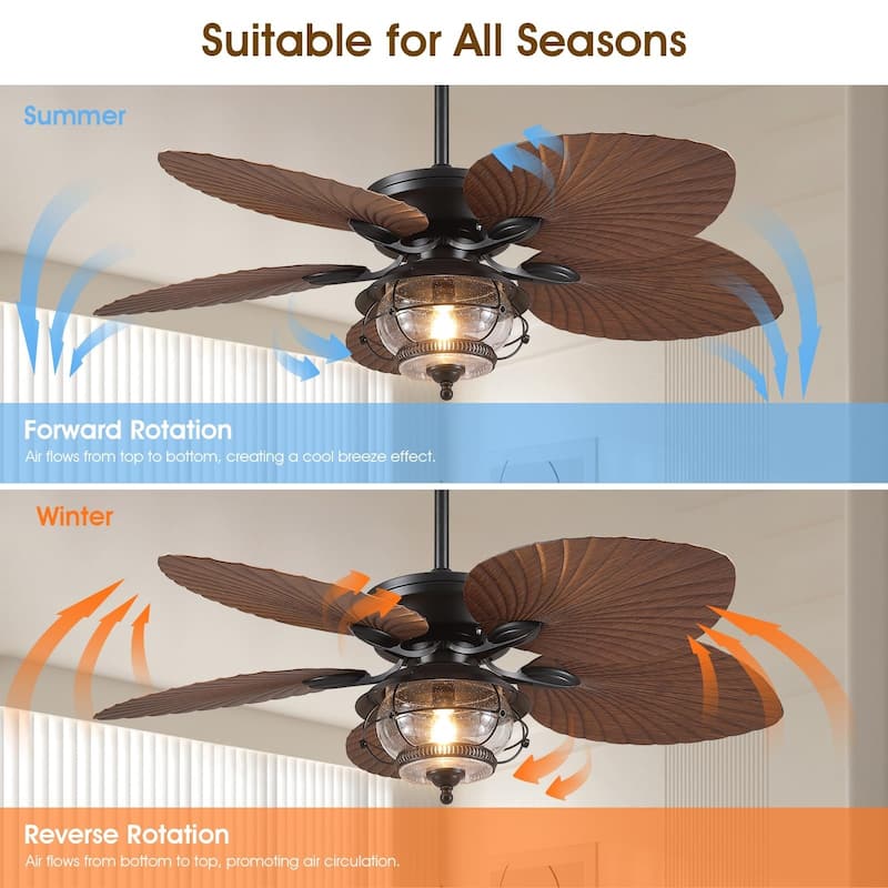 44"/52" Palm Leaf Tropical Ceiling Fan with Light,Indoor and Outdoor Ceiling Fan,Waterproof for Covered Porch