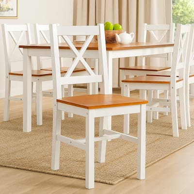 Lipa Dining Side Set of 6, X Back Design, White, Brown Pine Wood