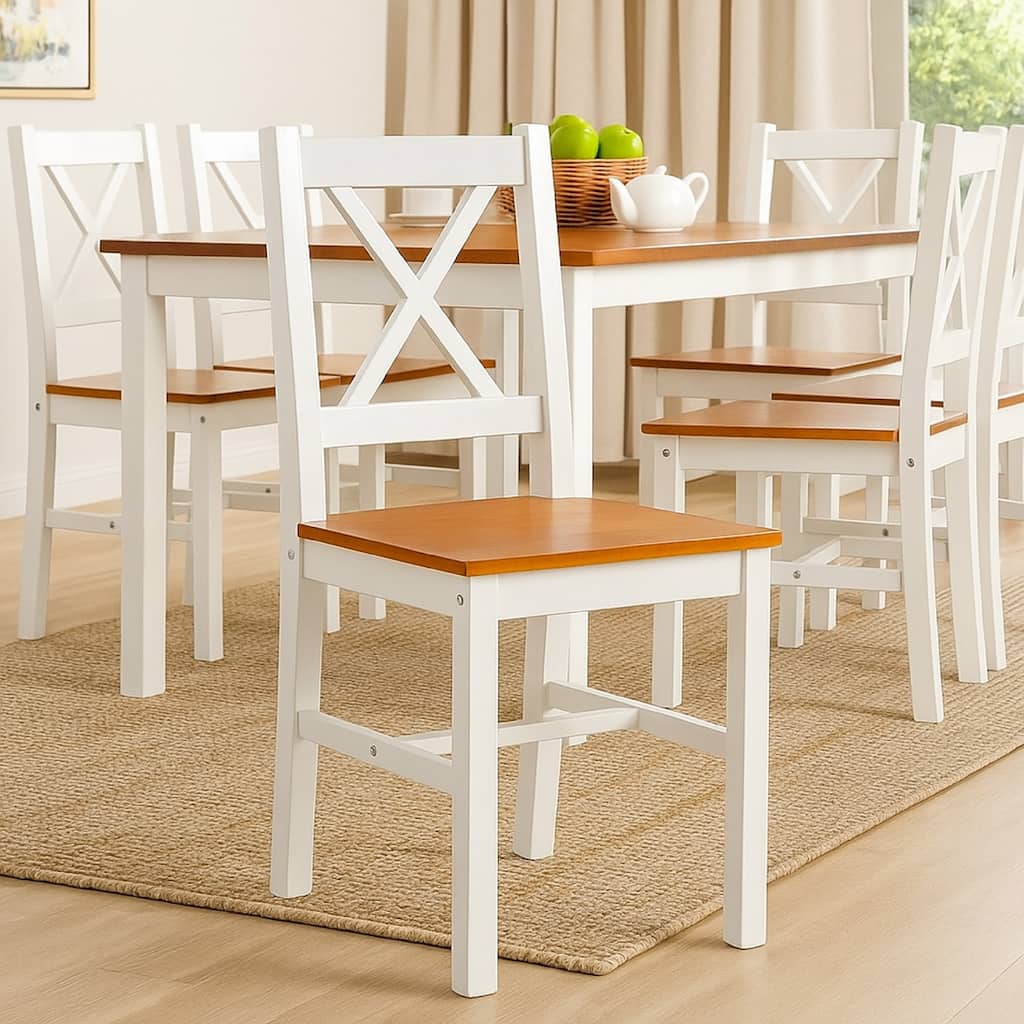 Lipa Dining Side Set of 6, X Back Design, White, Brown Pine Wood