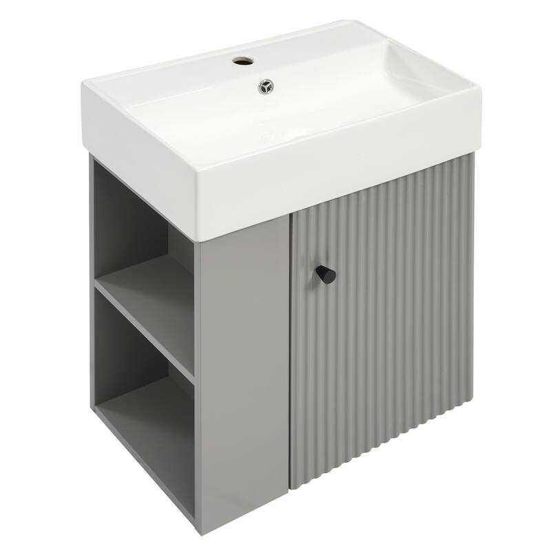 Floating Bathroom Vanity with Sink, Small Wall Mounted Bathroom Vanity, Bathroom Cabinet with Soft Close Door & Left Side Shelf