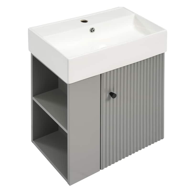 Roomfitters 21.6 Inch Modern Floating Bathroom Vanity with Ceramic Basin, Left Side Storage Cabinet & Open Shelves