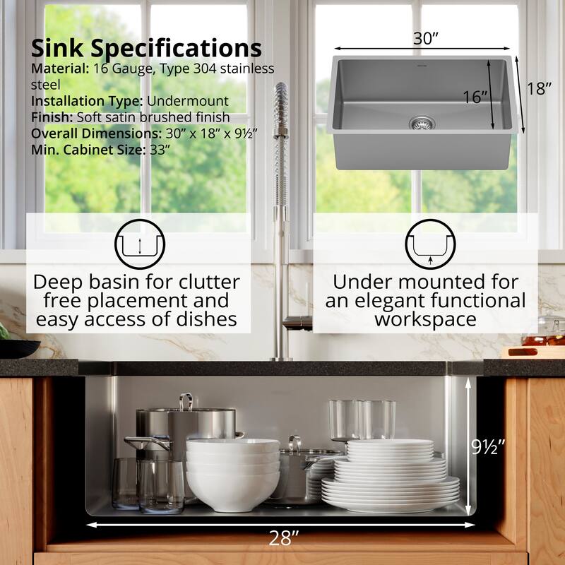 Karran 30" Undermount 16-Gauge Stainless Steel Extra Large Single Bowl Kitchen Sink Kit