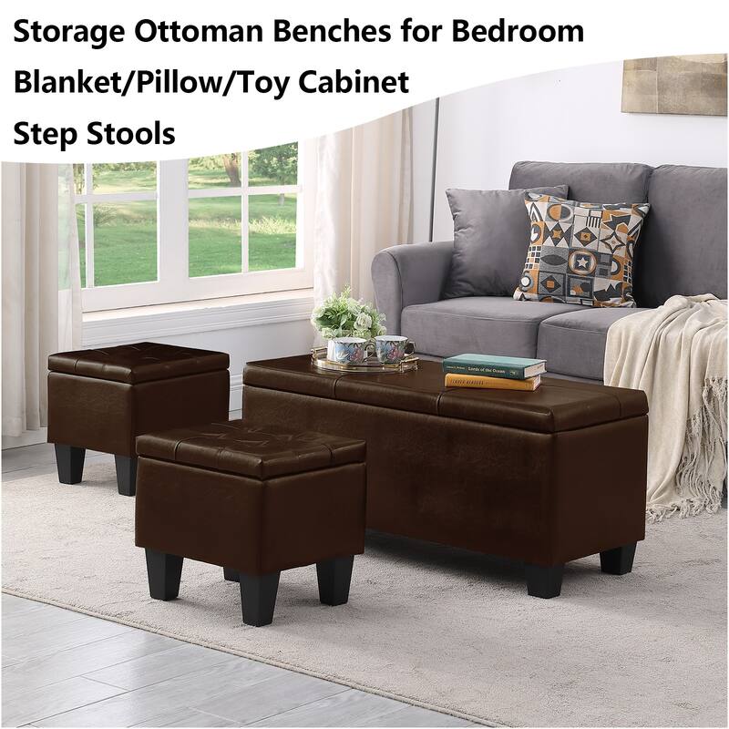 Large Storage Ottoman Bench Set, 3 in 1 Combination Ottoman, Tufted Ottoman Linen Bench for Living Room, Entryway, Hallway