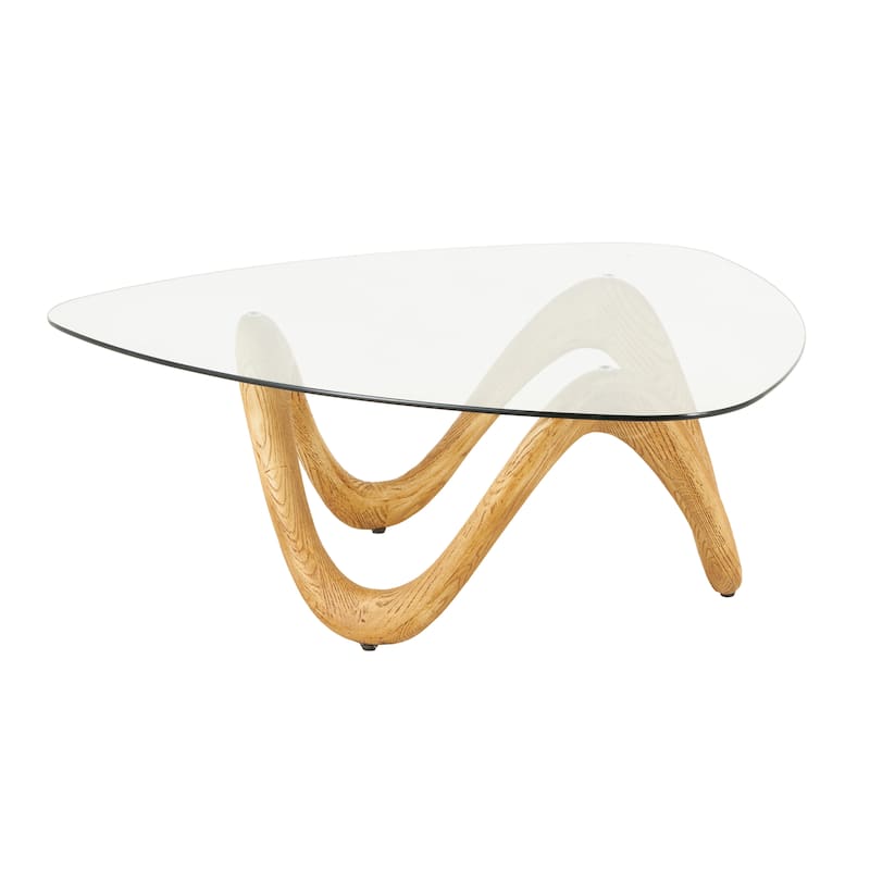 Polystone Abstract Wood Grain Inspired Wavy Accent Table with Glass Tabletop - Light Brown or Beige - Roche River Decor