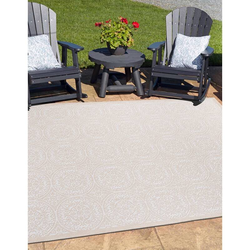 World Rug Gallery Transitional Floral Circles Textured Flat Weave Indoor/Outdoor Area Rug