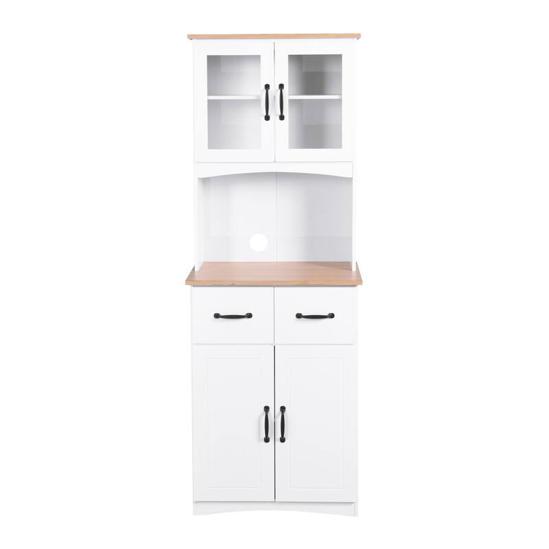 Kitchen Pantry Cabinet with Framed Glass Doors, Wooden Storage Hutch with Adjustable Shelves, Cupboard with Open Countertop