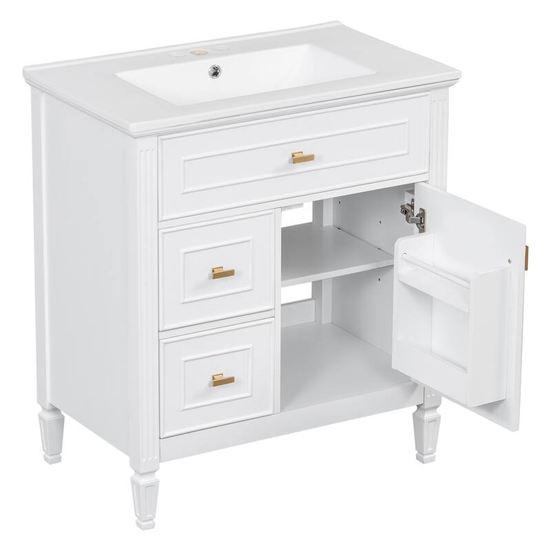 Roomfitters 30" Bathroom Vanity with Ceramic Sink, Solid Wood Frame with Flip Drawer, 2 Side Drawers & Adjustable Shelf