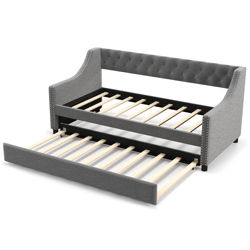 Gymax Twin Size Daybed w/ Trundle wingback Armrests & Button Tufted
