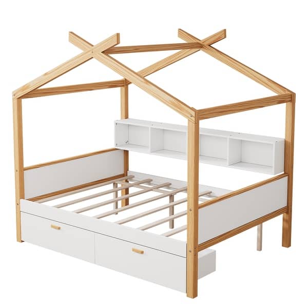 slide 2 of 13, Wooden House Bed Wood Color Frame with 2 Drawers and Bookshelf Storage Space