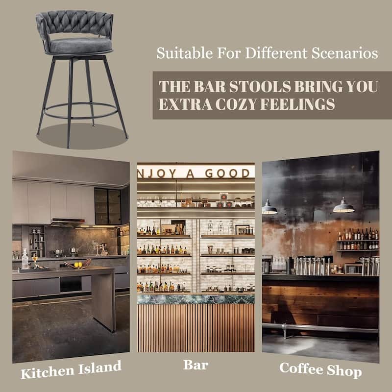 XINMICS 360° Swivel Bar Stools, 24 Inches Modern Counter Height Bar Stools with Woven Back, Upholstered Suede Tall Barstools