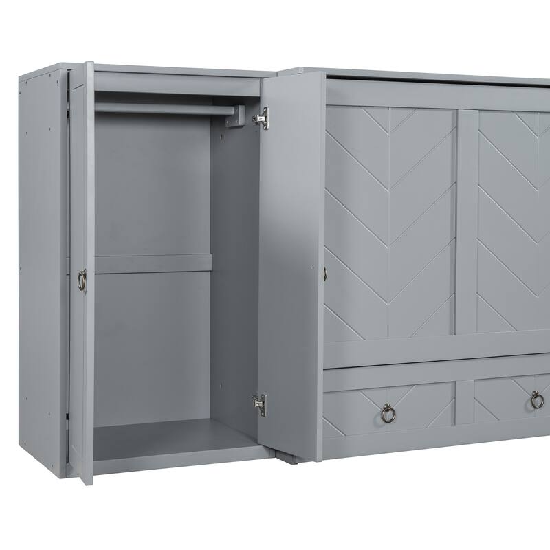 Queen Size Murphy Bed with USB Port, Large Drawer, and Wardrobe/Desk Combo - Versatile Cabinet Bed