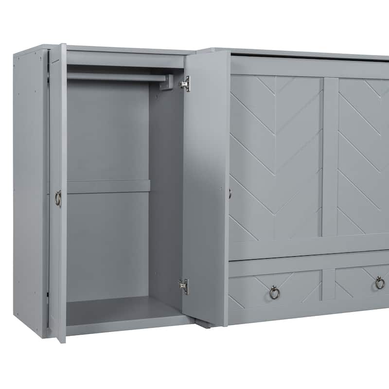Queen Size Murphy Bed with USB Port, Large Drawer, and Wardrobe/Desk Combo - Versatile Gray Cabinet Bed