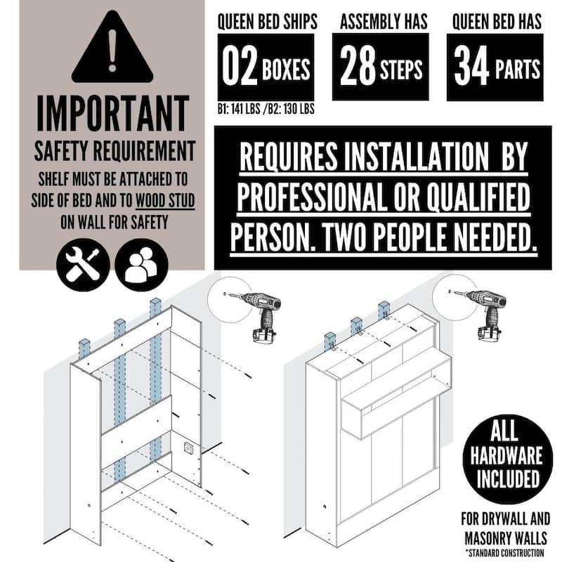 Easy-Lift Queen Murphy Wall Bed with Bookshelf