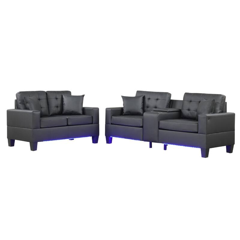 Iris Sofa and Loveseat Set, LED, USB, Cupholders, Black Faux Leather