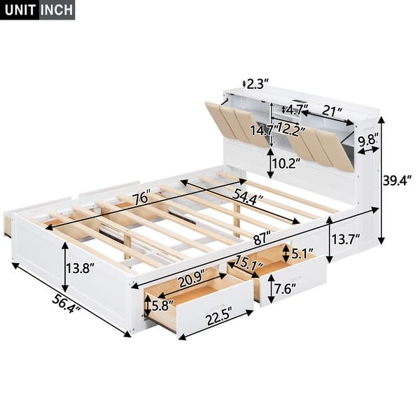 Wood Full Size Platform Bed with Storage Headboard and 4 Drawers Bed