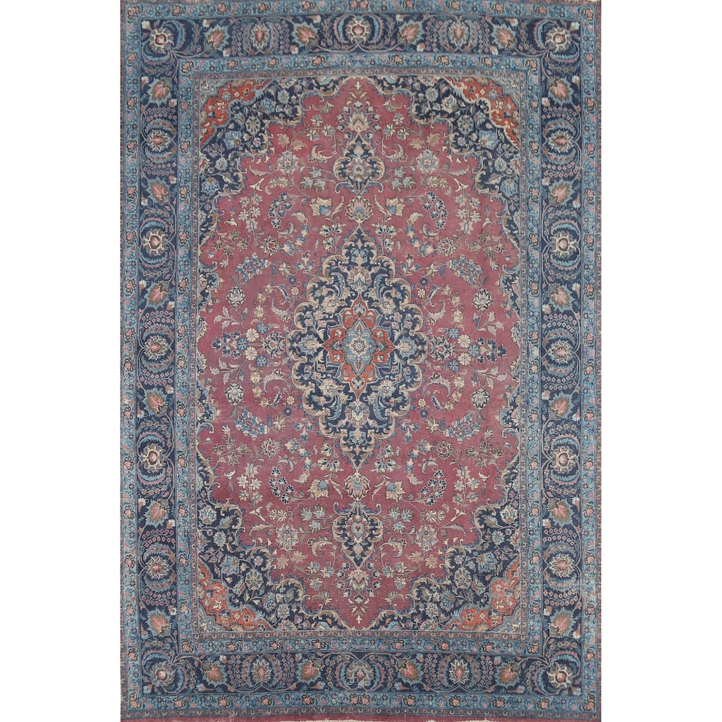 Distressed Traditional Mashad Persian Antiqu Rug Handmade Wool Carpet - 8'4"x 11'5"