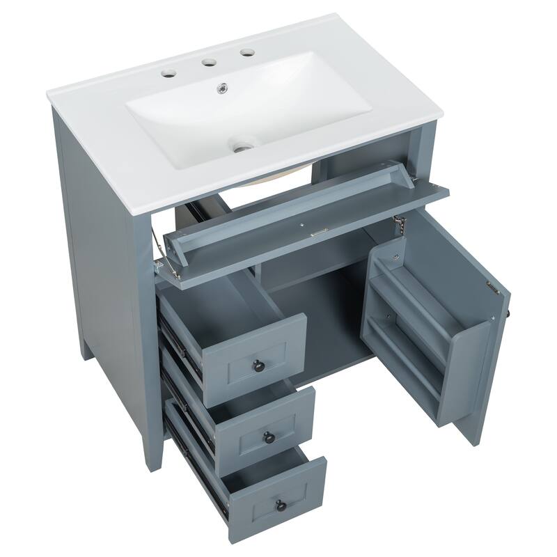 30-Inch Bathroom Vanity with Sink, Modern MDF and Rubberwood Cabinet with 3 Drawers and Adjustable Shelf, Freestanding