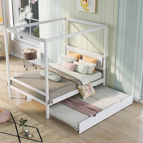 Full Size Canopy Platform Bed with Trundle,With Slat Support Leg