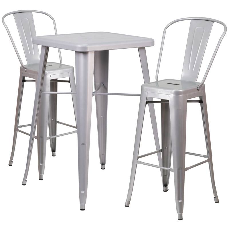 23.75'' Square Metal Indoor-Outdoor Bar Table Set with 2 Stools with Backs - 27.75"W x 27.75"D x 40"H