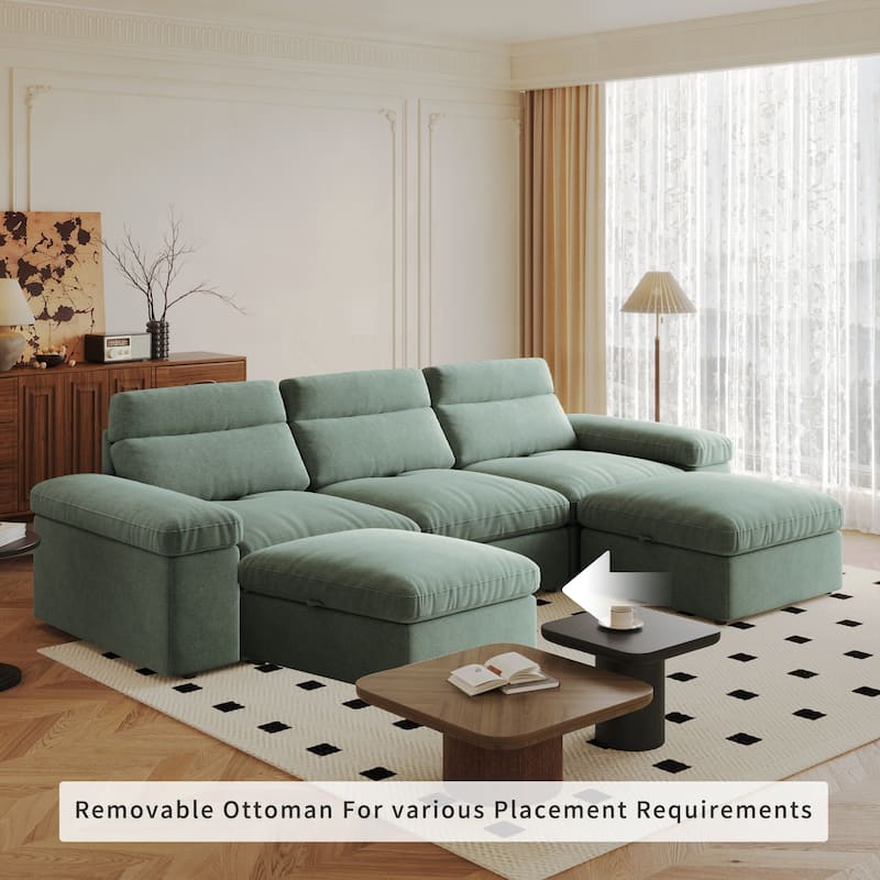 Down Filling Upholstered L-shaped Sectional Sofa with Storage Ottoman and Armrests, Chaise Modular Couch with Adjusted Backrest
