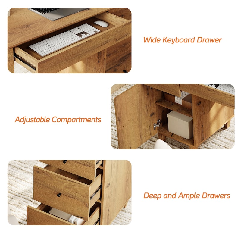 WAMPAT Home Office Furniture Set, 58" Executive Desk with Cabinet, 71" Tall Bookcase with Doors and Adjustable Shelves