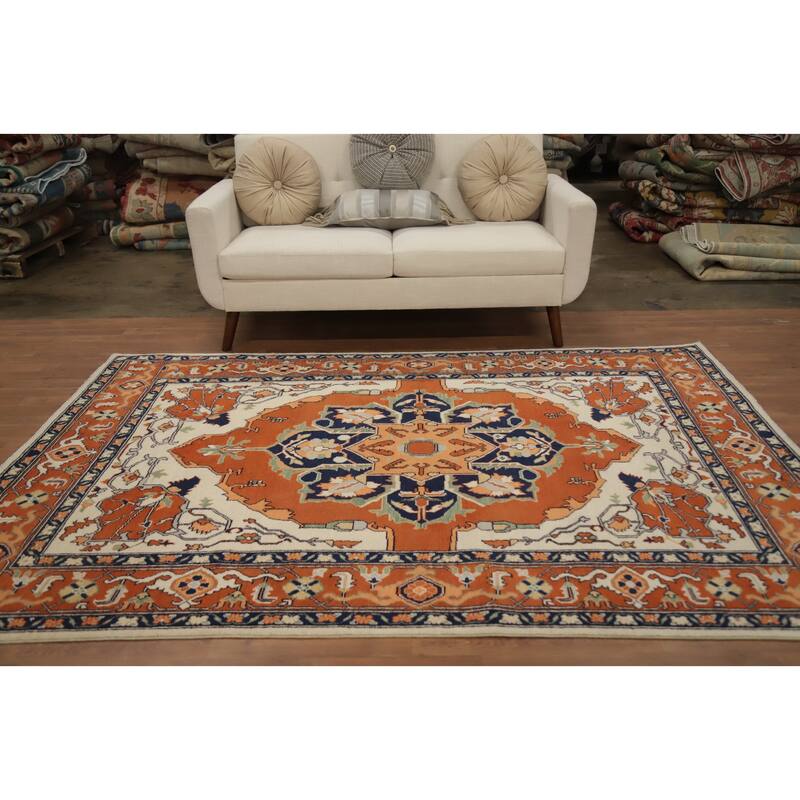 Hand Knotted Oriental 100% Wool Carpet Traditional Medallion Oranges & Rust Heriz (serapi) Area Rug - 8' 4'' X 5' 9''
