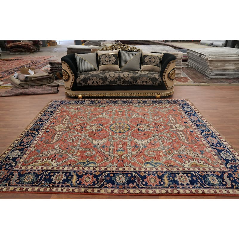 Hand Knotted Traditional Wool Orange Geometric Area Rug - 9' 7'' X 8' 4''