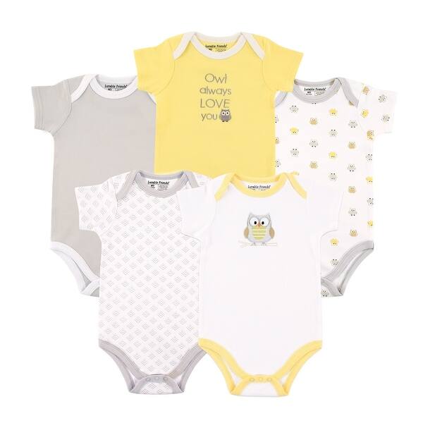 slide 1 of 1, Luvable Friends Cotton Bodysuits 5pk, Neutral Owl 0-3 Months - Neutral Owl