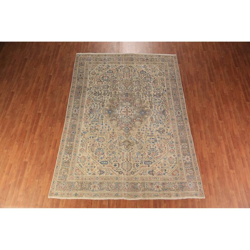 Tabriz Persian Rug Hand-Knotted Oriental Beige Wool Carpet - 7'10"x 10'10"