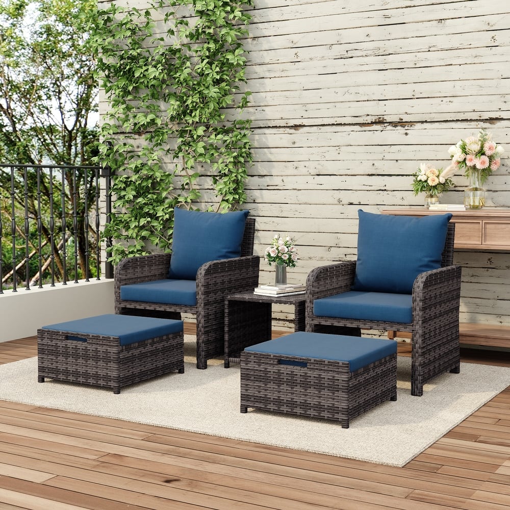 Patio 5 Pieces Rattan Cushioned Conversation Set With Ottoman Coffee Table