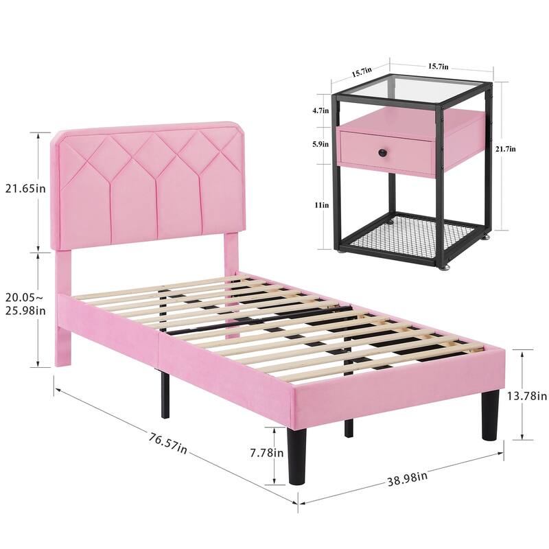 VECELO, 3-Pieces Upholstered Platform Bed Frame with Height Adjustable Headboard and Nightstands Set of 2