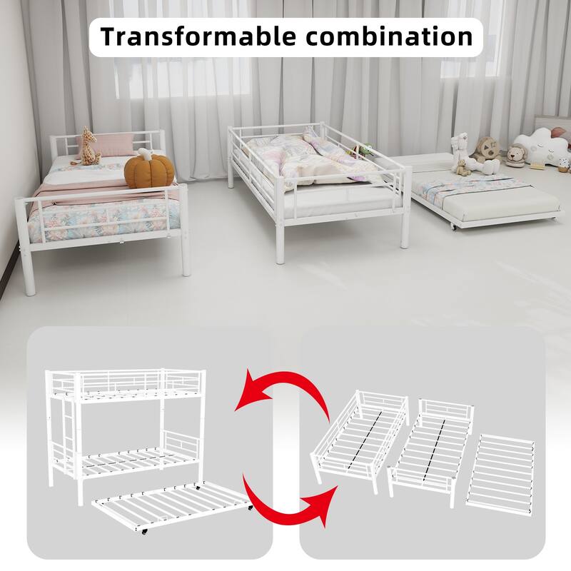 Durable Twin over Twin Bunk Bed with Safety Guardrail, Noise Reduced, No Box Spring Needed, White