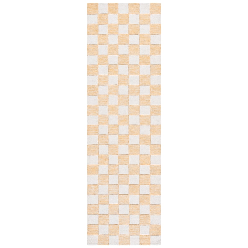 SAFAVIEH Handmade Ebony Gulnur Farmhouse Checkered Wool Rug - 2'3" x 8' Runner - Gold/Ivory