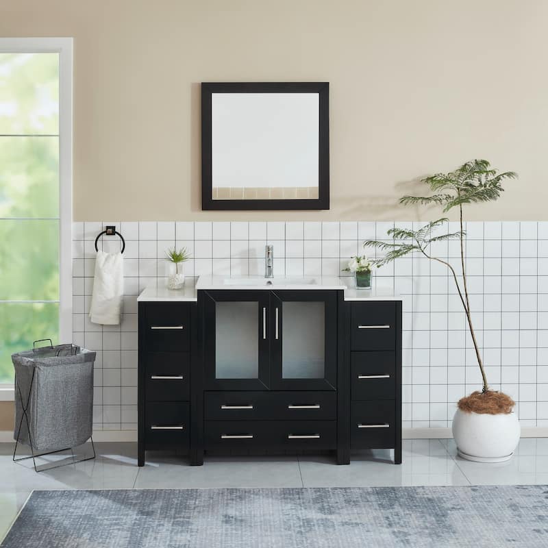 Vanity Art 54 Inch Single Sink Bathroom Vanity Set 8 Dove-Tailed Drawers 3 Cabinets 1 Shelf, Soft-Closing Doors with Free Mirror - Espresso