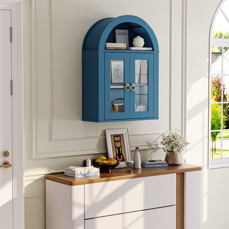 Wall Mounted Arched Cabinet with Glass Doors, Light and Adjustable Shelves for Laundry Room, Bathroom, Kitchen
