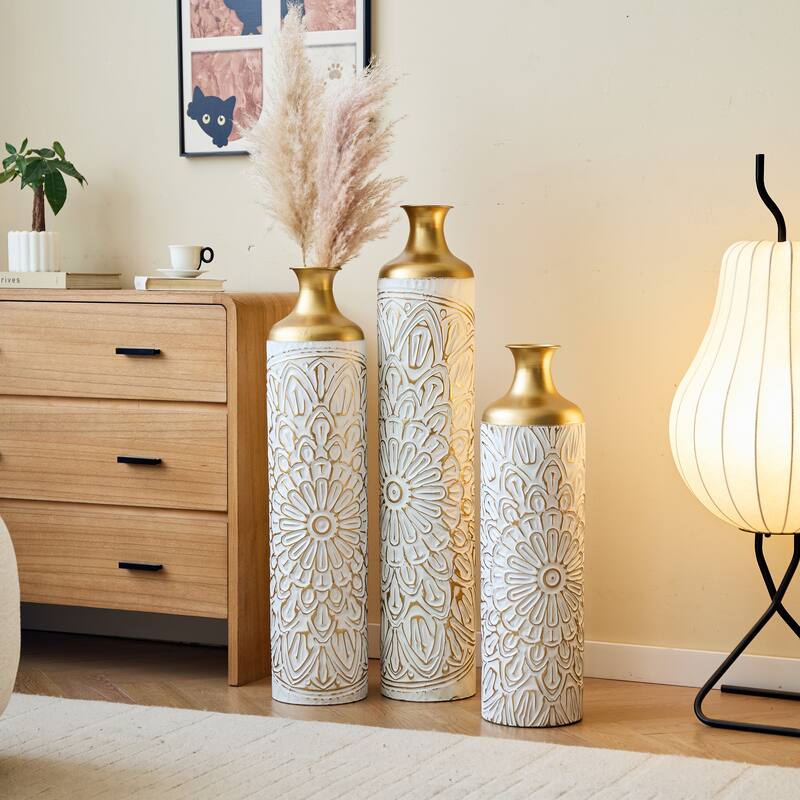 Droplet Shaped Metal Vase 3-Piece Set White Glazed Finish Modern Floor Decor