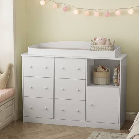 53.7"W White Dresser w 6 Drawer 1 Cabinet Changing Table Dresser