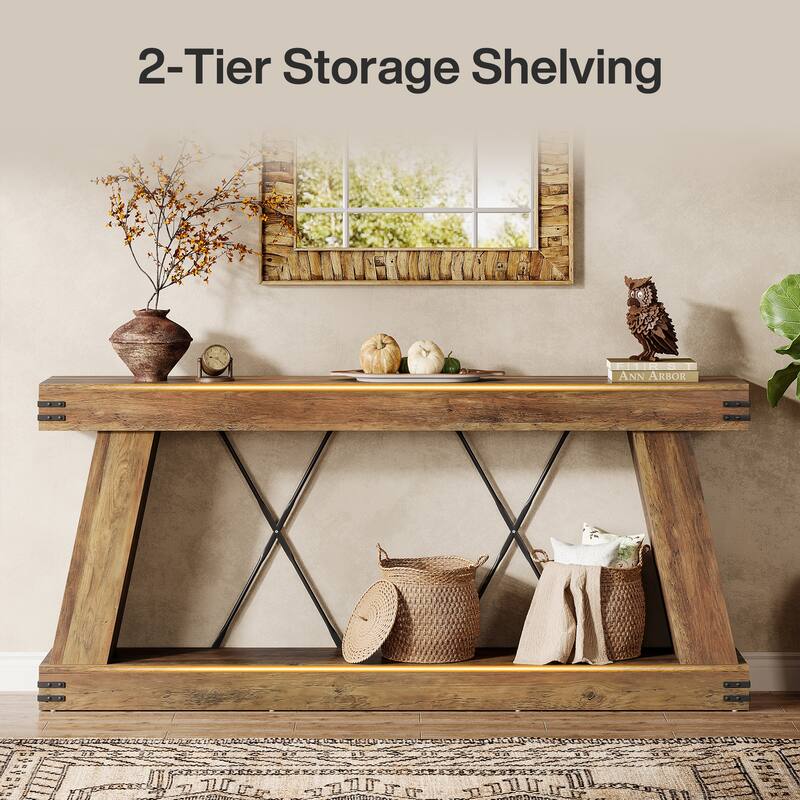 70.9” Farmhouse Console Table, Brown Entryway Table with Storage - Large